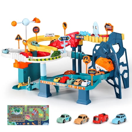 Dinosaur Rail Car Toys, Monster Trucks Race Track Playset, Winding Highway Space Dinosaur Hill Toy Ramp Track Set, Lifting Parking Lot with 4 Mini Racer Cars Gifts