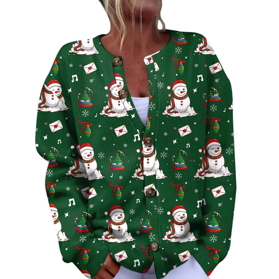 Women's Fashion Christmas Printed Long Sleeve Knitted Cardigan Button Down Jacket for Holiday Casual Wear and Festive Style,Dark Green,5XL
