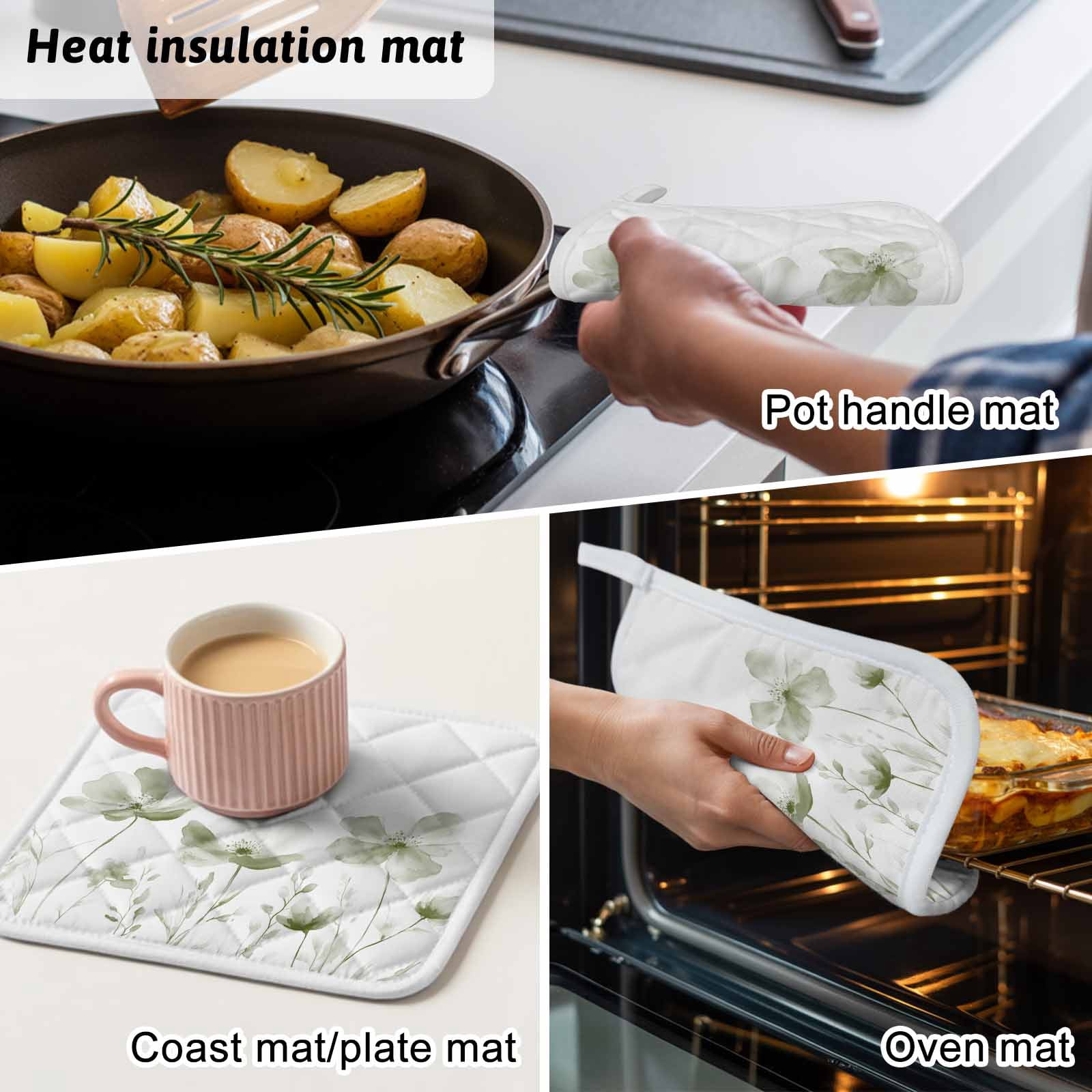 Sage Green Flowers Pot Holders for Kitchen Heatproof Potholder, 5 Pack Watercolor Retro White Floral Leaves Hot Pads Multipurpose Oven Pads Cloth Potholders Trivet for Cooking Baking