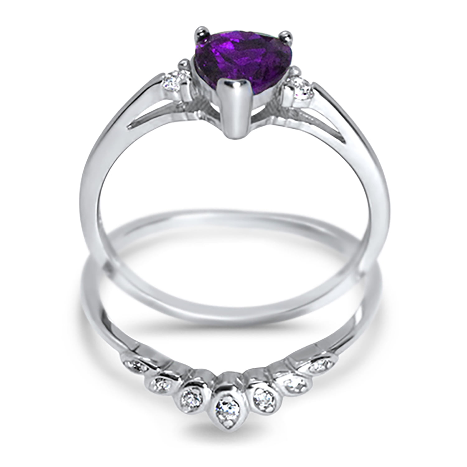 Sterling Silver Amethyst Heart Shape CZ Wedding Engagement Ring Set for Women Size 8
