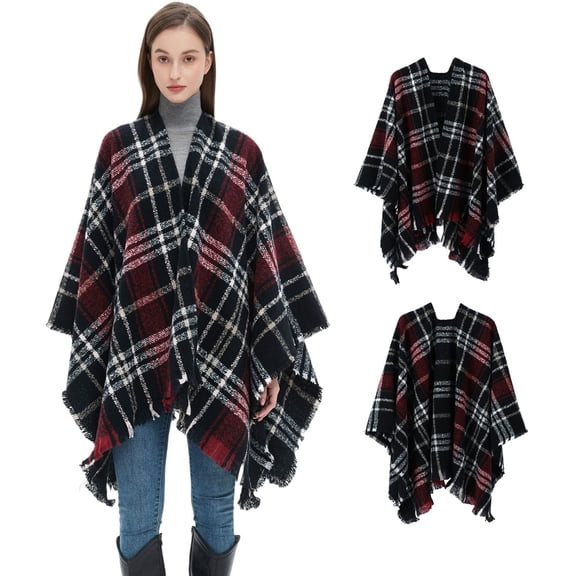 Women's Shawl Wraps Fall Clothes Open Front Boho Tessel Cardigan Plaid Knitted Sweater shawl