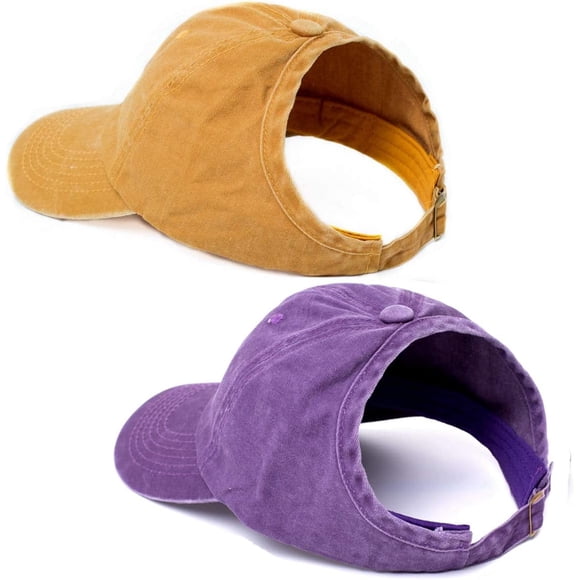 Xiao Hua 2 Pack Backless Puff Ponytail Hat for Women Curl Cap Natural Curly Hair Hat Baseball Cap Women Drawstring Ponytail Hat (Purle&Yellow)