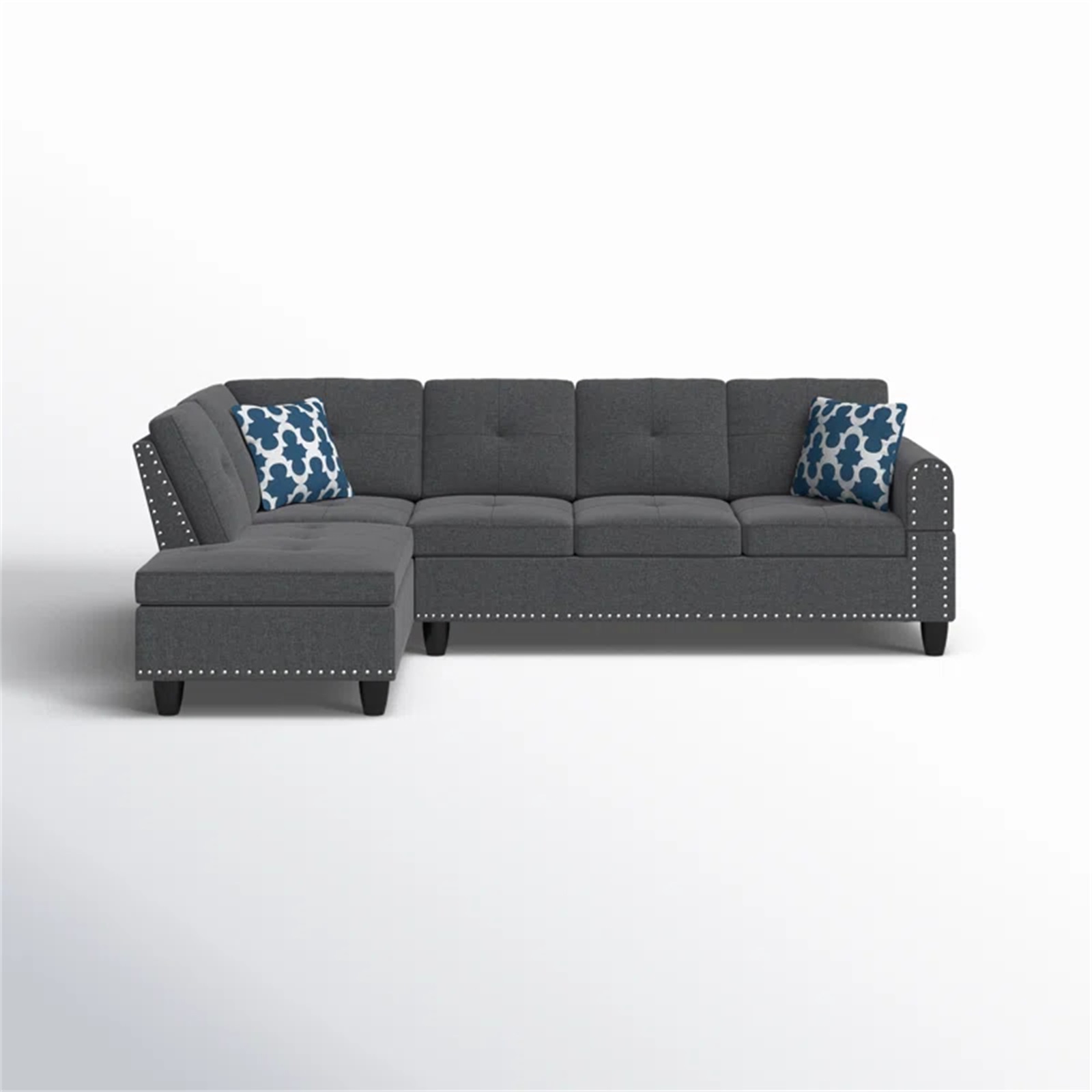 Hommoo L-Shaped Upholstered Sectional Sofa Couch with Storage & Cup Holders, Linen Living Room Sofa Set, No Ottoman, Dark Gray
