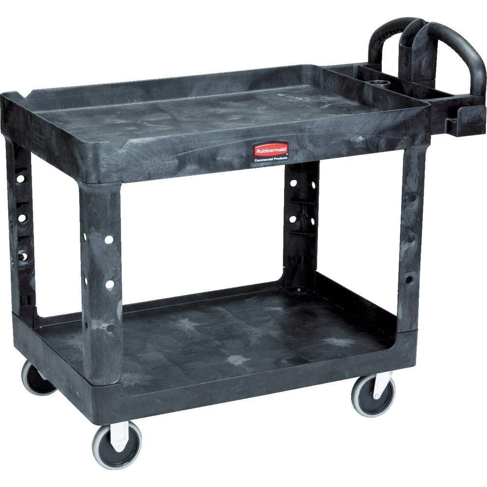Rubbermaid FG452089BLA Black Medium Lipped Two Shelf Utility Cart with  Extended Handle