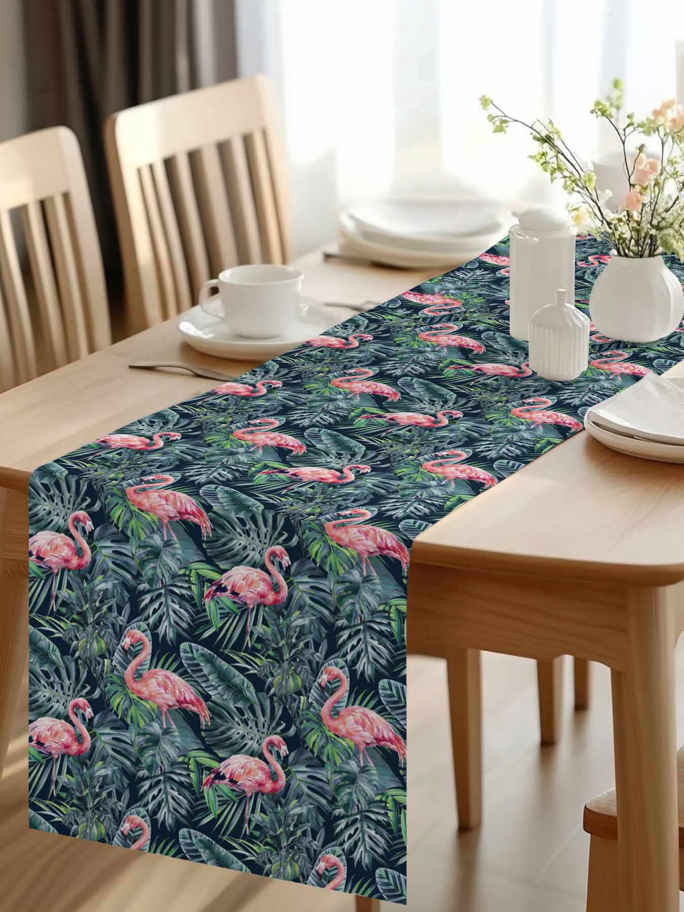 Pink Flamingo Table Runner, Country Tropical Animal Green Monstera Plant Farmhouse Washable Cotton-linen Table Runners Dining Kitchen Decoration for Everyday Home Wedding Party Decor, 13 x 108 Inch
