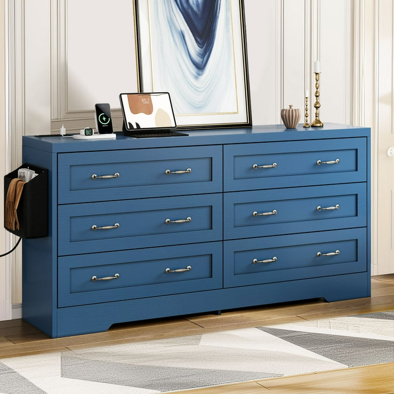 Dextrus 6 Drawer Dresser with Handles & Power Outlets, Wood Storage Cabinet  Chest of Drawers, Blue