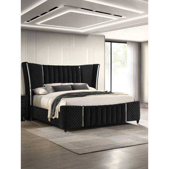 1pc Black Velvet Upholstery Wingback Headboard Channel Tufting King Size Bed