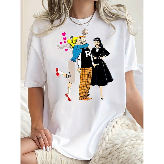 Camiseta Básica para Mujer Verano TranspirableGraphic Print Casual T-Shirt for Women, Polyester Blend Crew Neck Tee, Medium Stretch Knit Fabric, with Archie Love Heart Portrait, for All Season Comfo
