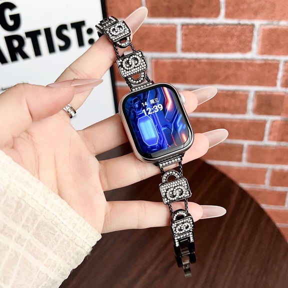 Dwitch Fashion Sparkly Glitter Metal Band Compatible with Apple Watch Series Ultra 10 9 SE 8 7 6 5 4 3 2 1,Women Small Bag with Diamonds Cute Dressy Bling Bracelet Bands 41/42/44/45/46/49mm,Black