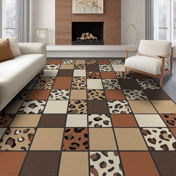 ODIKA 8'x10' Washable Area Rug Non-Slip Chair-Friendly Mat Mosaic Tonal Patchwork Blocks Brindle Bold Cow Print Spotted Playful Expressive for Dining Room, Large Office, Lounge
