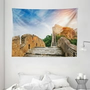 Great Wall of China Tapestry, Legendary Dynasty Monument on Cliffs Historical Countryside Art Design, Wall Hanging for Bedroom Living Room Dorm Decor, 80W X 60L Inches, Grey Blue, by Ambesonne