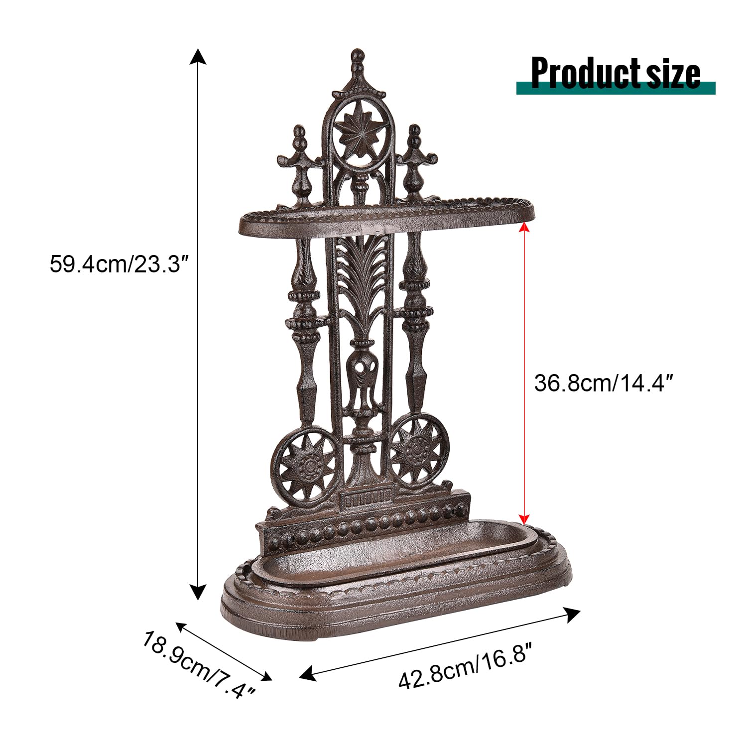 Sungmor Royal Style 1-Hook Cast Iron Umbrella Stand with Detachable Tray, Decorative Freestanding Umbrella Rack Organizer