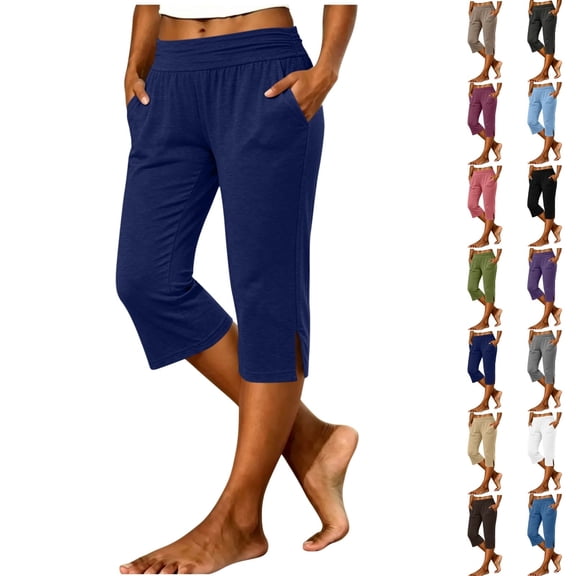 Fengactive Womens Wide Fold Over Elastic Waist Knit Capri Pants Solid Loose Split Hem Casual Cropped Trousers With Side Pockets