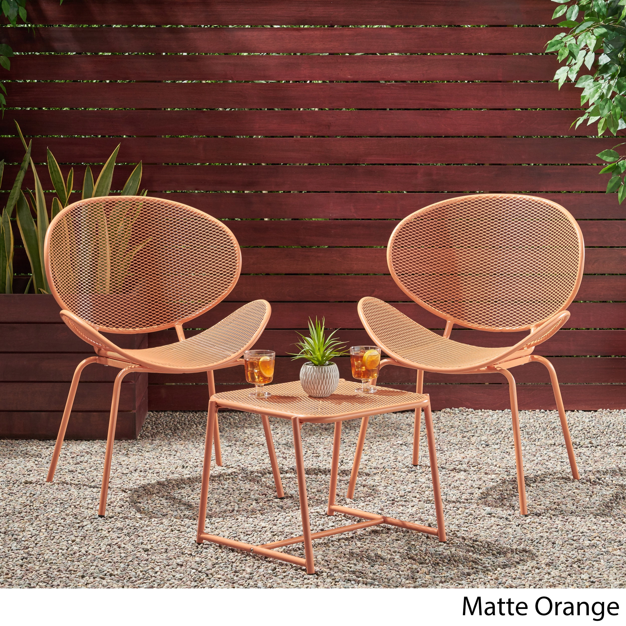 Hamdan Outdoor Modern 2 Seater Iron Chat Set, Matte Orange