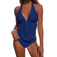 thumbnail image 3 of Full Cover Bikini Womens 3 Piece Swim Suit, Textured Strap Backless Top Ruffled Skirt Bikini Bottom, Summer Travel Swimwear Blue L, 3 of 8