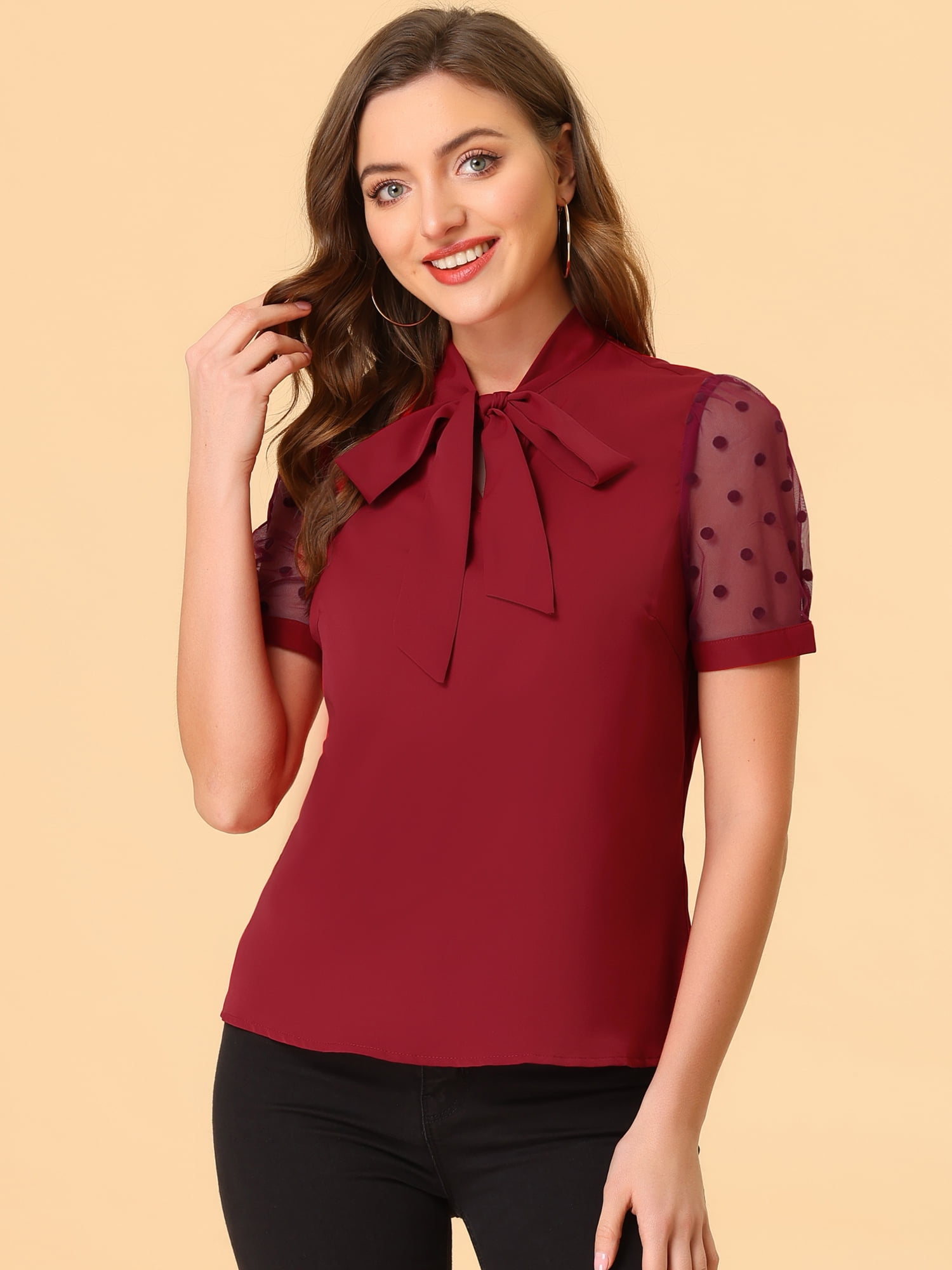 DARING DIVA V Neck Stand Collar Short Mesh Sleeve Blouse L Burgundy