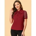thumbnail image 2 of DARING DIVA V Neck Stand Collar Short Mesh Sleeve Blouse XS Burgundy, 2 of 6