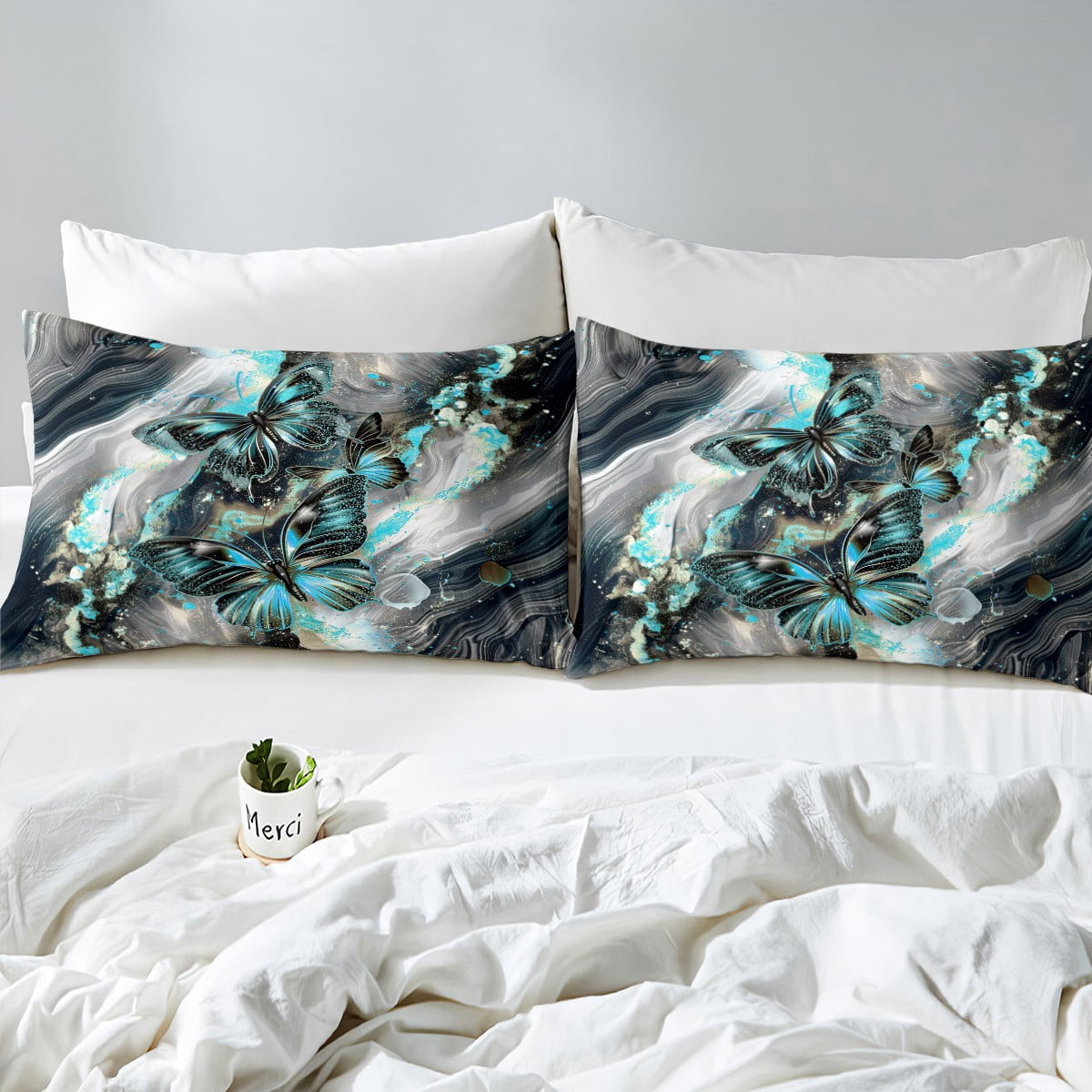Black Marble Duvet Cover Set Blue Butterfly Comforter Cover,Cyan Marbling Queen Bedding Sets,Abstract Ombre Ink Fluid Art Bed Set Rustic Animal Dreamy Butterflies Room(No Comforter)