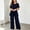 Navy Blue, variant on Women's Elegant Chiffon Solid Color 2 Piece Set – Slit Short Sleeve Top & Wide Leg Pants Daily Home & Lounge Outfit Navy Blue,XL