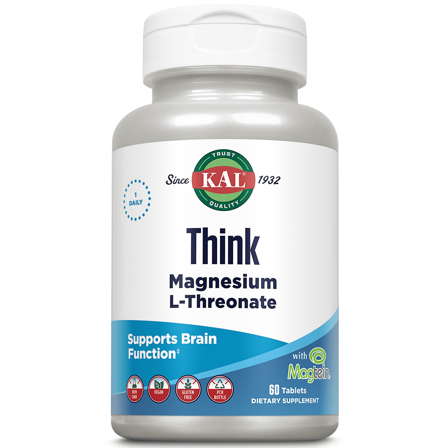KAL Think Magnesium L-Threonate 2000 mg | Learning, Brain Health & Memory Function Support w/ Magtein | Vegan, No Gluten & Non-GMO | 60 Tablets