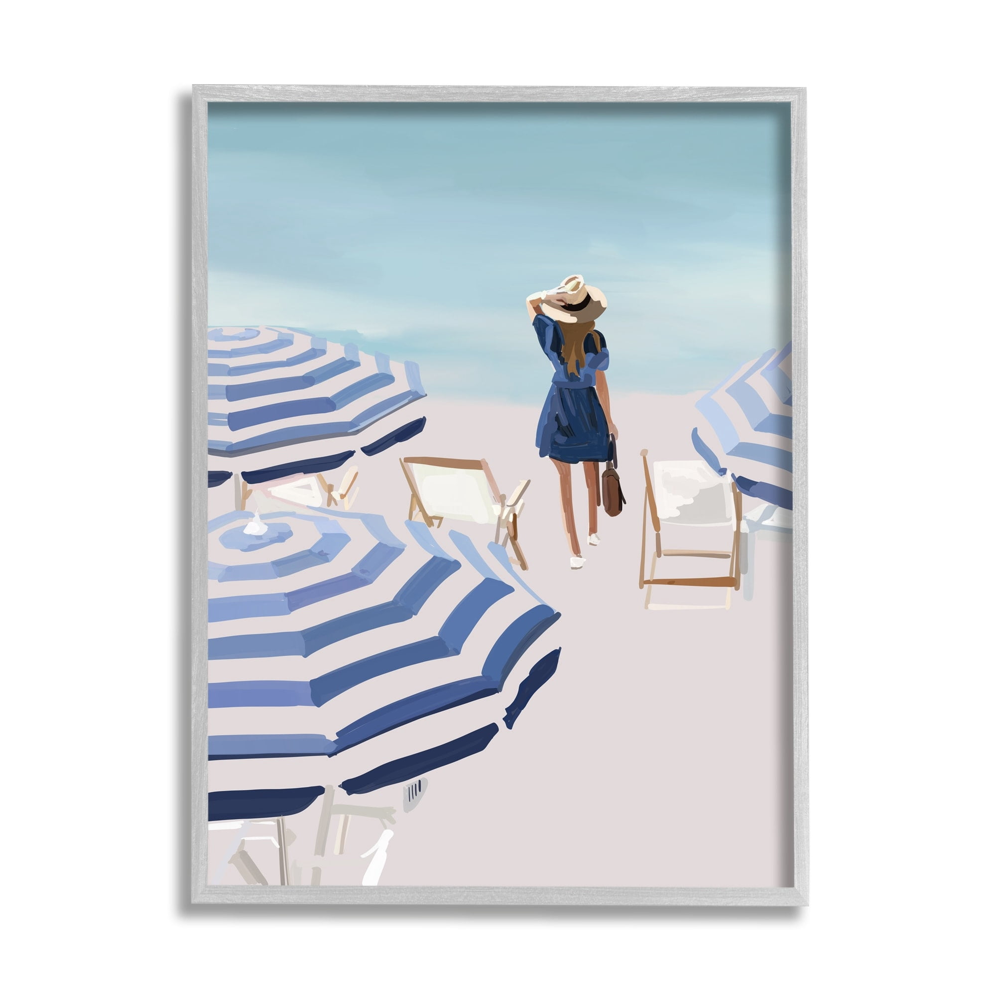 Stupell Industries Woman Enjoying Beach Shore Umbrellas Coastal Scene Graphic Art Gray Framed Art Print Wall Art, Design by Amelia Noyes