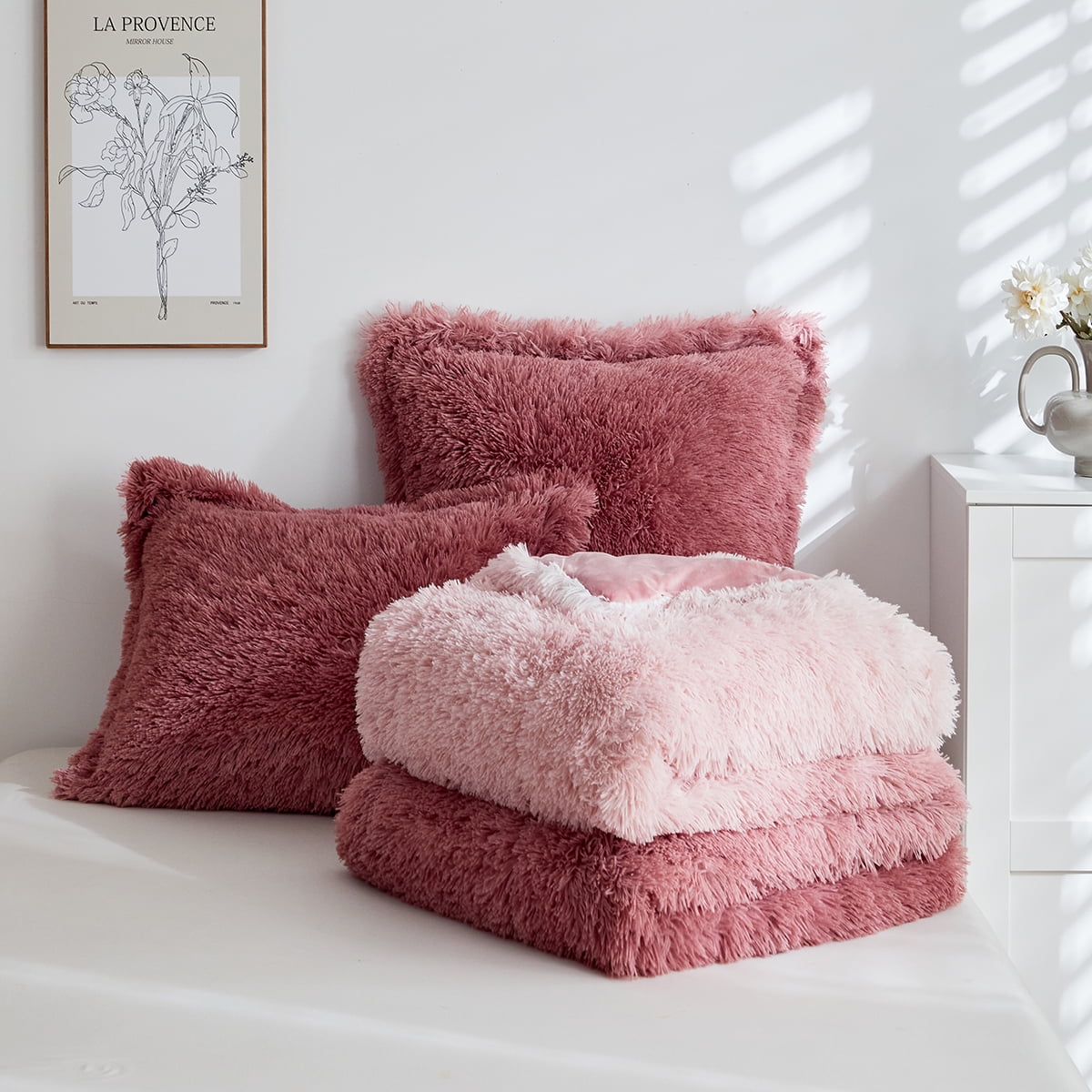 Wajade Ombre Shaggy Duvet Cover Comforter Cover Set Fluffy Fuzzy Faux Fur Bedding Set ,No Fill(1 Duvet Cover + 2 Pillow Shams, Blush Pink Ombre, Full Size)