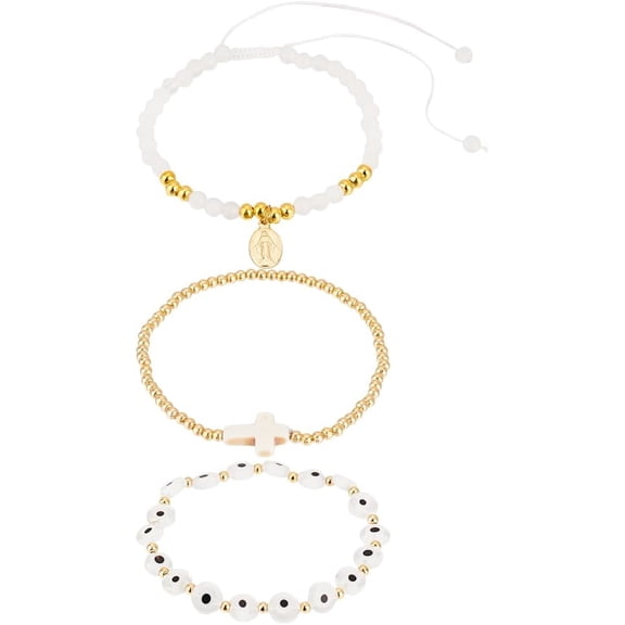 3 Pcs Assorted Beaded Bracelets 3 Styles Stretch Bracelets with Charm Natural White Jade Evils Eye Turquoise Bracelets for Women Gold