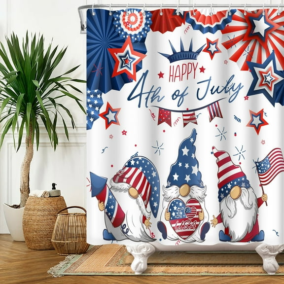 SUNOLIFE 4th of July Shower Curtain,Patriotic Independence Day Gnome Waterproof Fabric Bathroom Curtain with Hooks,72x72 in