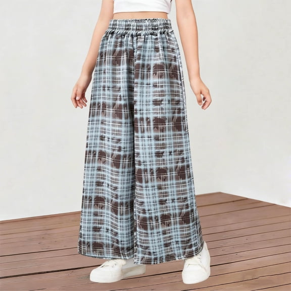 Mifsaly Girls Plaid Wide Leg Pants Teen Kids Elastic Waist Casual Pant Lightweight Comfortable Flowy Boho School Bottoms