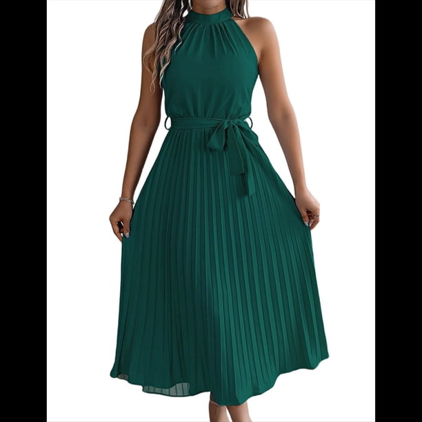 Vestido de Cóctel Midi Plisado con Cuello Halter, Sin Mangas y Corte en A para Mujer, para Playa y Sol (Verano 2025) Verde S