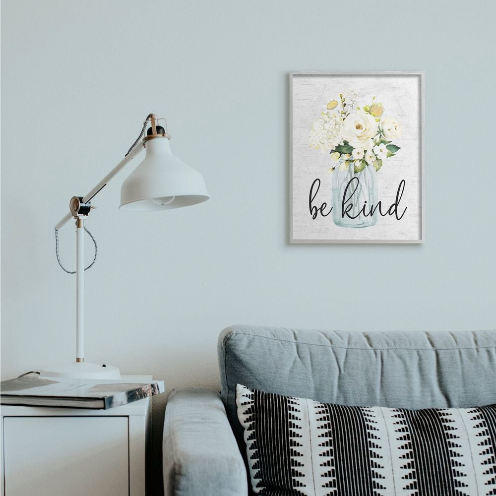 Stupell Industries Be Kind Soft Spring Bouquet Positivity Sentiment Framed Wall Art Design by Lettered and Lined, 16" x 20", Gray Framed