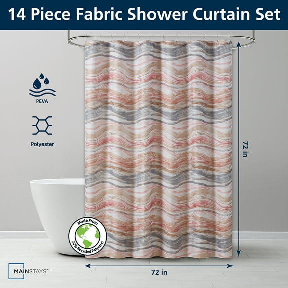 Mainstays 14-Piece Abstract Wave Shower Curtain Set – 72" x 72" Fabric Curtain, PEVA Liner & Metal Hooks, Moisture-Repellent, Machine Washable