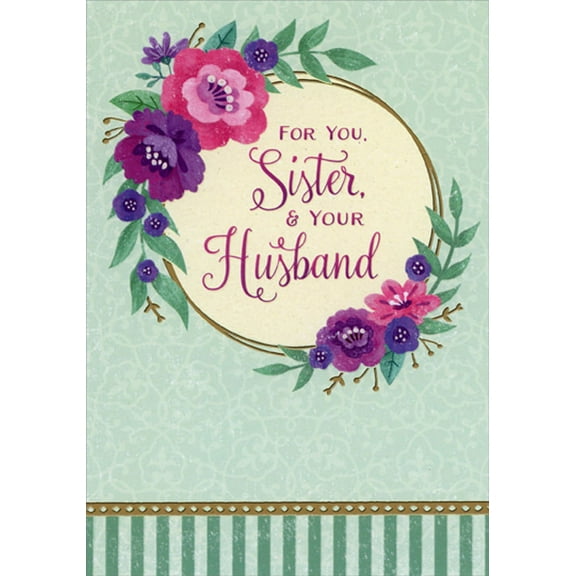 Designer Greetings Purple and Pink Flowers Around Thin Gold Foil Circle on Light Blue Easter Card for Sister and Husband