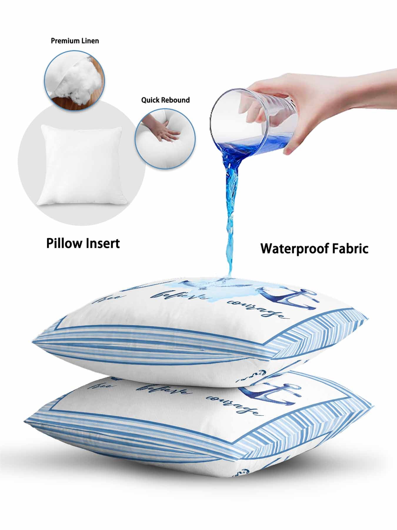1 Pack Outdoor Pillows Waterproof, Nautical Anchor Indoor/Outdoor Throw Pillows with Inserts, Summer Coastal Ocean Anchor Blue Stripes Decorative Pillow for Patio Furniture Chairs Couch