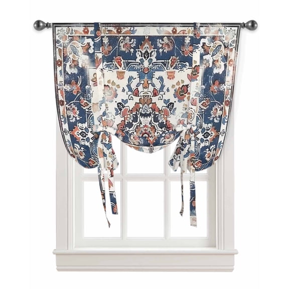 Boho Navy Blue Red Tie Up Curtains for Kitchen Bathroom Bedroom Windows 45 Inch Length, Southwestern Geometric Vintage Art Balloon Drape Curtains Shade Rod Pocket Drapery Curtain Panel, 42"x54"