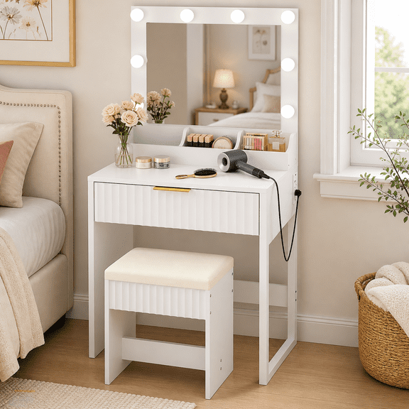 Zimtown Vanity Desk Set with Mirror, Makeup Vanity Table with 8 LED Lights and Charging Station, Dressing Desk for Bedroom, White