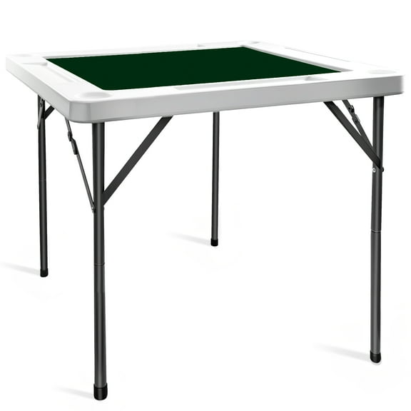 PRIJESSE Folding Card Table 35.4" Square with Green PVC Tabletop, 4 Cup Holders & 4 Chip Trays, 4-Player Mahjong Poker Domino Game Table