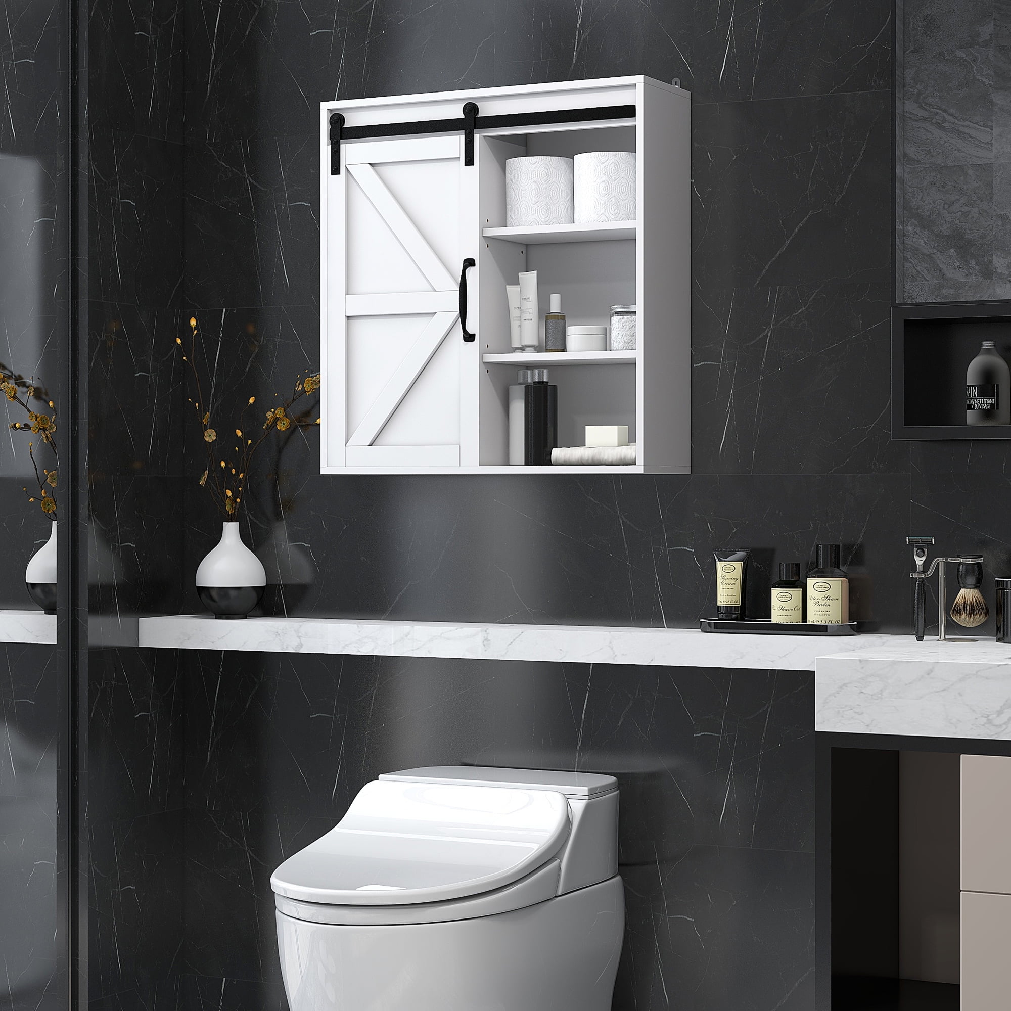 kleankin Farmhouse Bathroom Wall Cabinet, Medicine Cabinet with Sliding Barn Door and Adjustable Shelf, Over the Toilet Cabinet, White