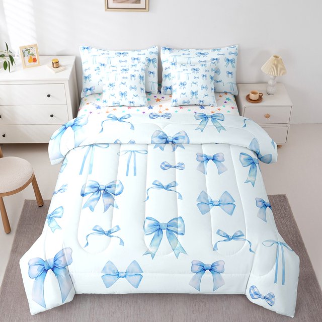 Erosebridal Ensemble de Literie Complet pour Filles Bleu avec Nœud, Format Simple, Ensemble de Lit à Nœud Cartoon, Déco Princesse, Réversible 7 Pcs