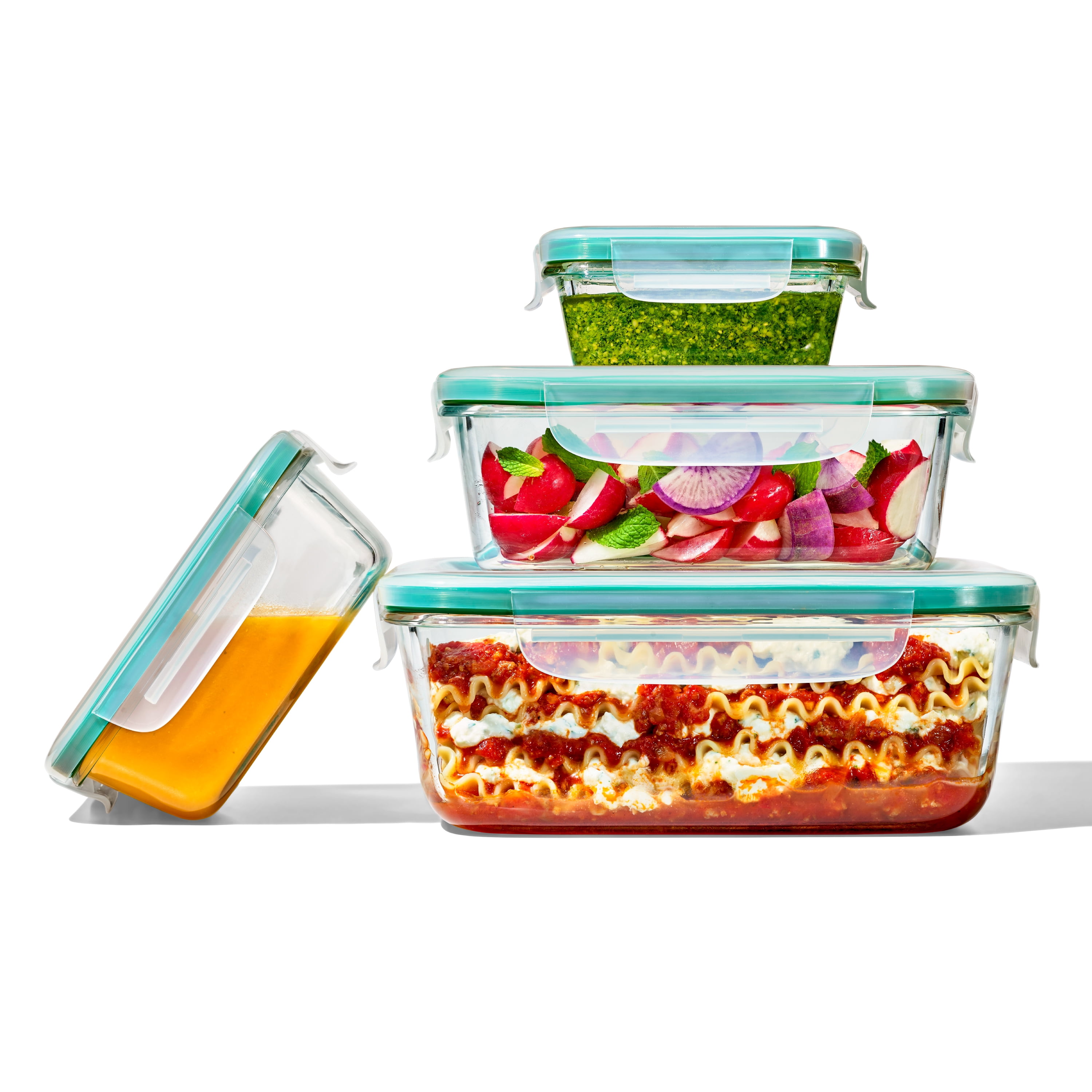 OXO Smart Seal 8-Piece Rectangle Glass Food Storage Container Set, Teal