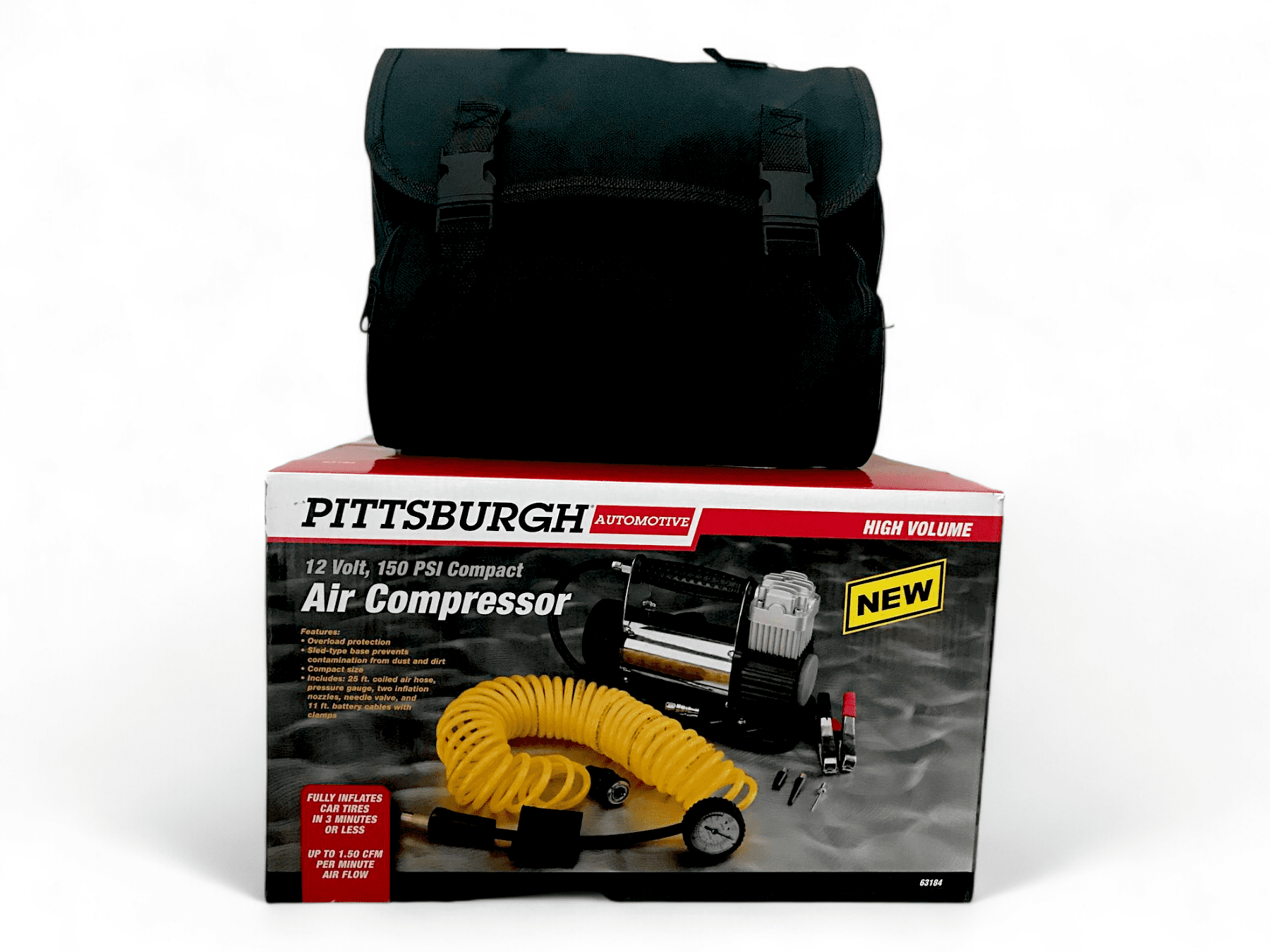 PITTSBURGH 12V 150 PSI Compact Air Compressor with 1.35 CFM Airflow & Overload Protection for Motorcycles, Quads, Cars, and Off-Road Tires.