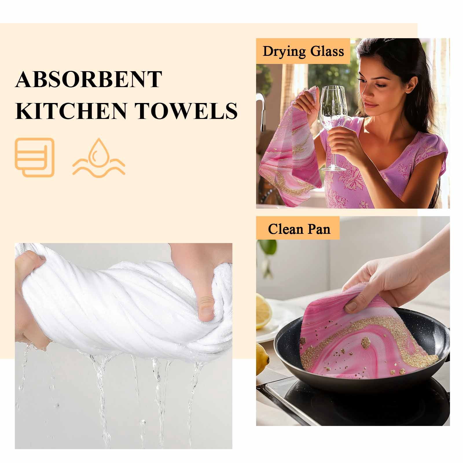 Marble Pink Kitchen Towel Dish Cloths Set of 2, Microfiber Soft Kitchen Hand Towels, Modern Abstract Artwork Luxury Golden Absorbent Quick Drying Dishcloths 18 x 28 Inches