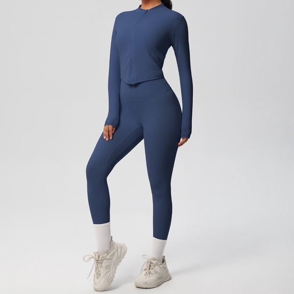 Homenesgenics 2-Piece Lounge Set Women's Solid Color Fitness Zipper Jacket Tight High Waist Hip Lifting Yoga Pants Outdoor Running Sports Set Blue M