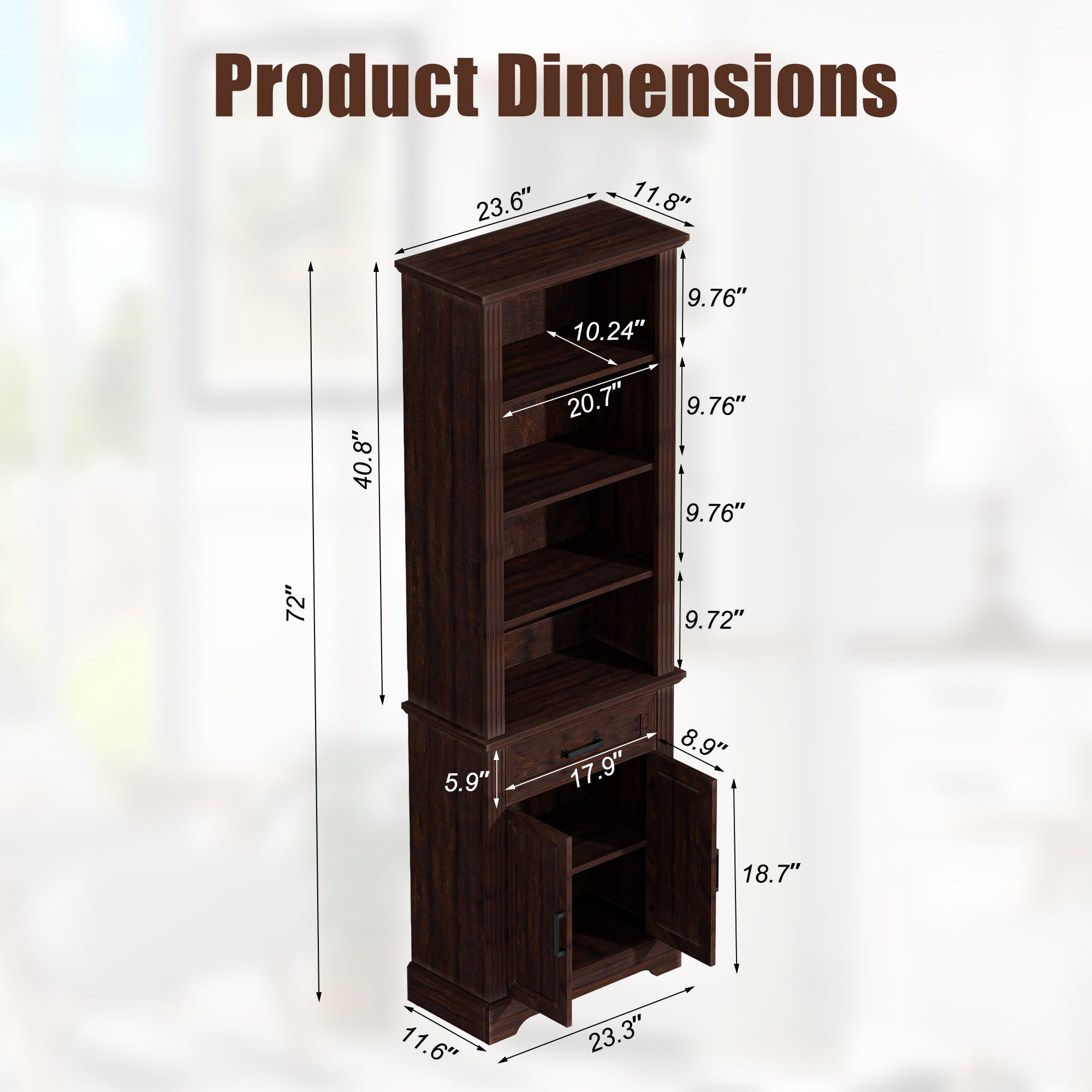 HARIPUL 72" Tall Bookcase Floor Standing with Drawer and Door, 6 Tier Wooden Storage Bookshelf for Living Room Home Office, Vintage Brown
