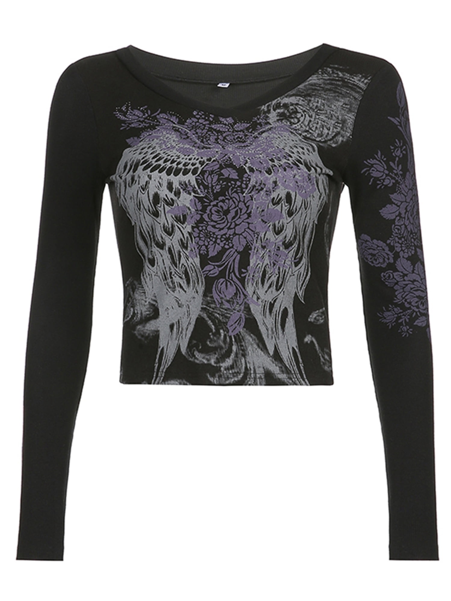Women Y2K Wing Graphic T-Shirt Long Sleeve Crop Top Fairy Grunge 90's ...