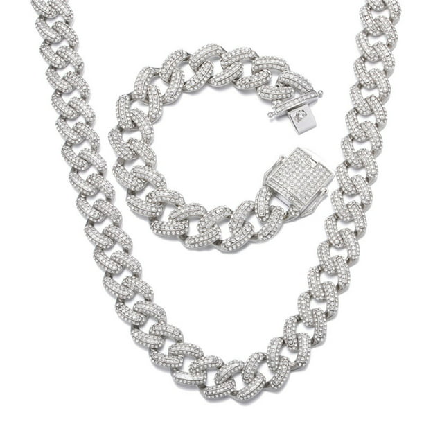 FEEL STYLE Male 19MM Zircon Fat Cuban Chain Necklace Bracelet Set for ...