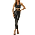 thumbnail image 2 of MODA NOVA Metallic Halter Neck Top for Juniors Deep V Neck Backless Holographic Crop Tops Black S, 2 of 5