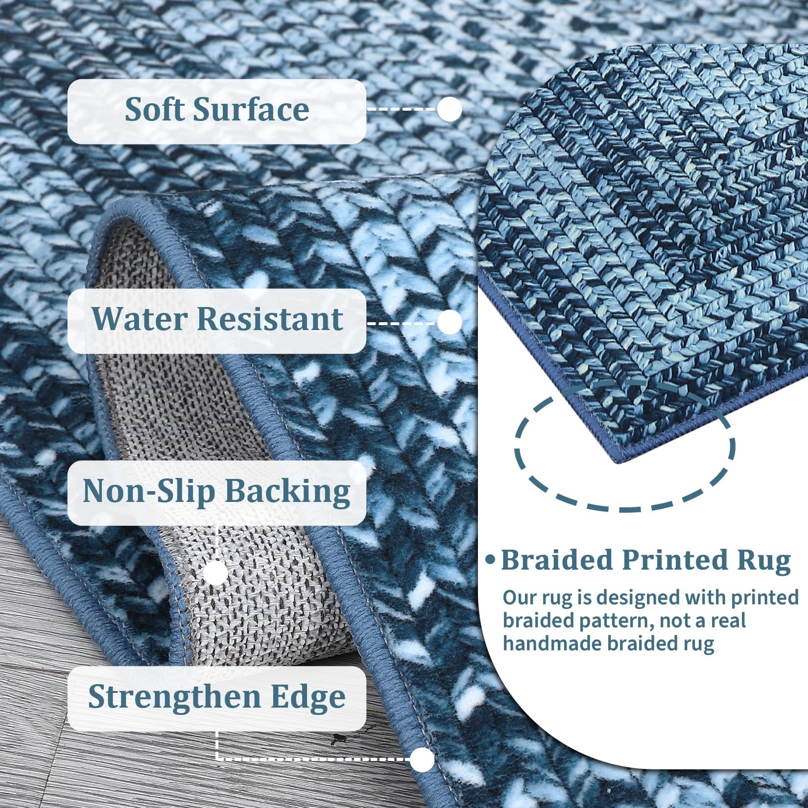 Modern Washable Area Rug 8'x10' Vintage Braided Print Non-Slip Low Pile Carpet for Living Room Bedroom Home Office, Gray and Blue