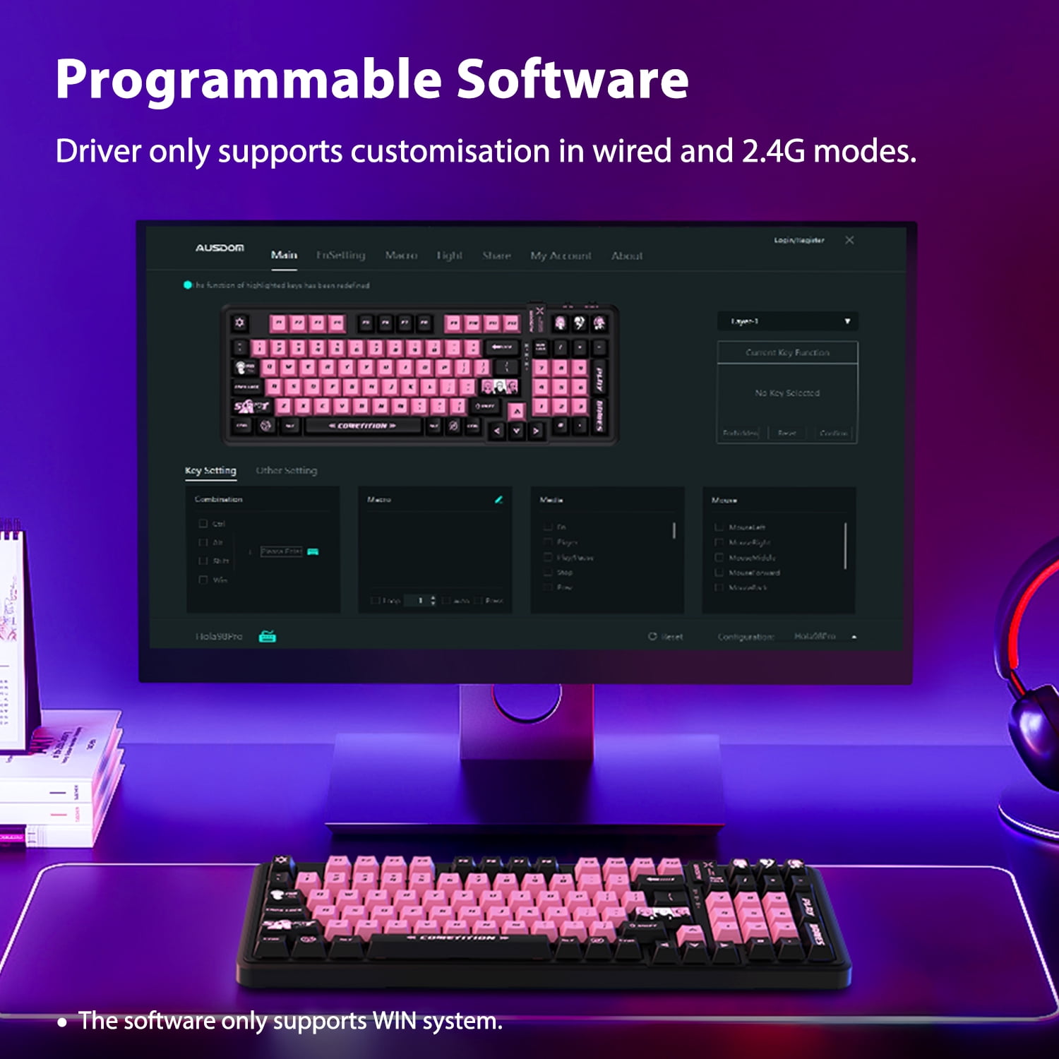 AUSDOM 98Pro Wireless Mechanical Gaming Keyboard, Tri-Mode (Bluetooth/2.4GHz/USB-C), Gasket Hot Swappable, Backlit, PBT Keycaps, Linear Switches, for Windows/Mac/PC(Manga Girl Theme)