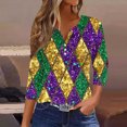 thumbnail image 2 of Giftesty Women's Carnival Print V Neck Button Sequin Loose 3/4 Sleeve Casual T-Shirt for Holiday Daily Wear, 2 of 5